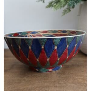 Vintage Oriental Accent Decorative Ceramic Bowl Diamond Gold Outline Christmas